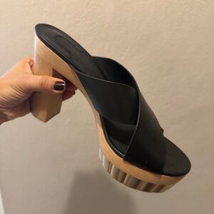 Salvatore Ferragamo - Black Leather Platform Mules with Wooden Heel